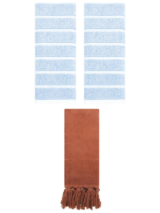 Unique Bargains 3 Pack Striped Solid Hand Towel Brown/Blue 14"x30"/13"x29"