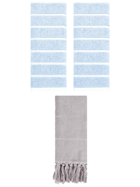 Unique Bargains 3 Pack Striped Solid Hand Towel Grey/Blue 14"x30"/13"x29"