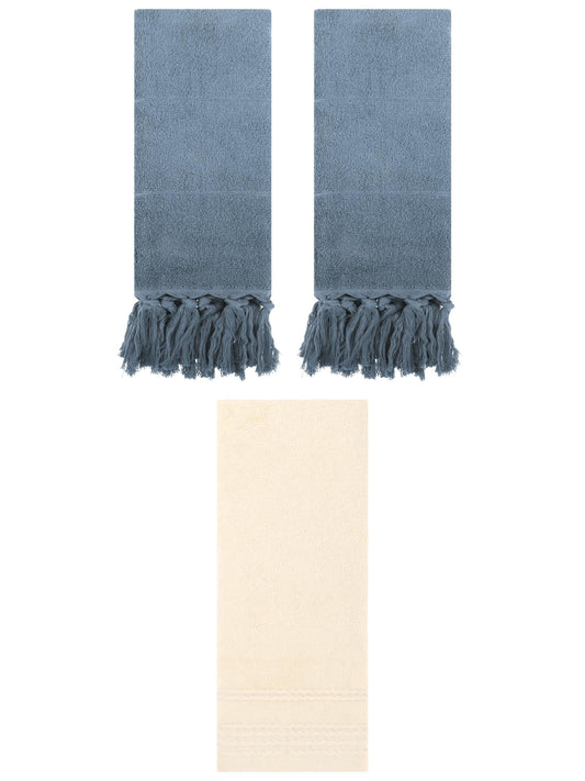 Unique Bargains 3 Pack Striped Tassels Hand Towels for Bathroom 14" x 30" Blue/Beige