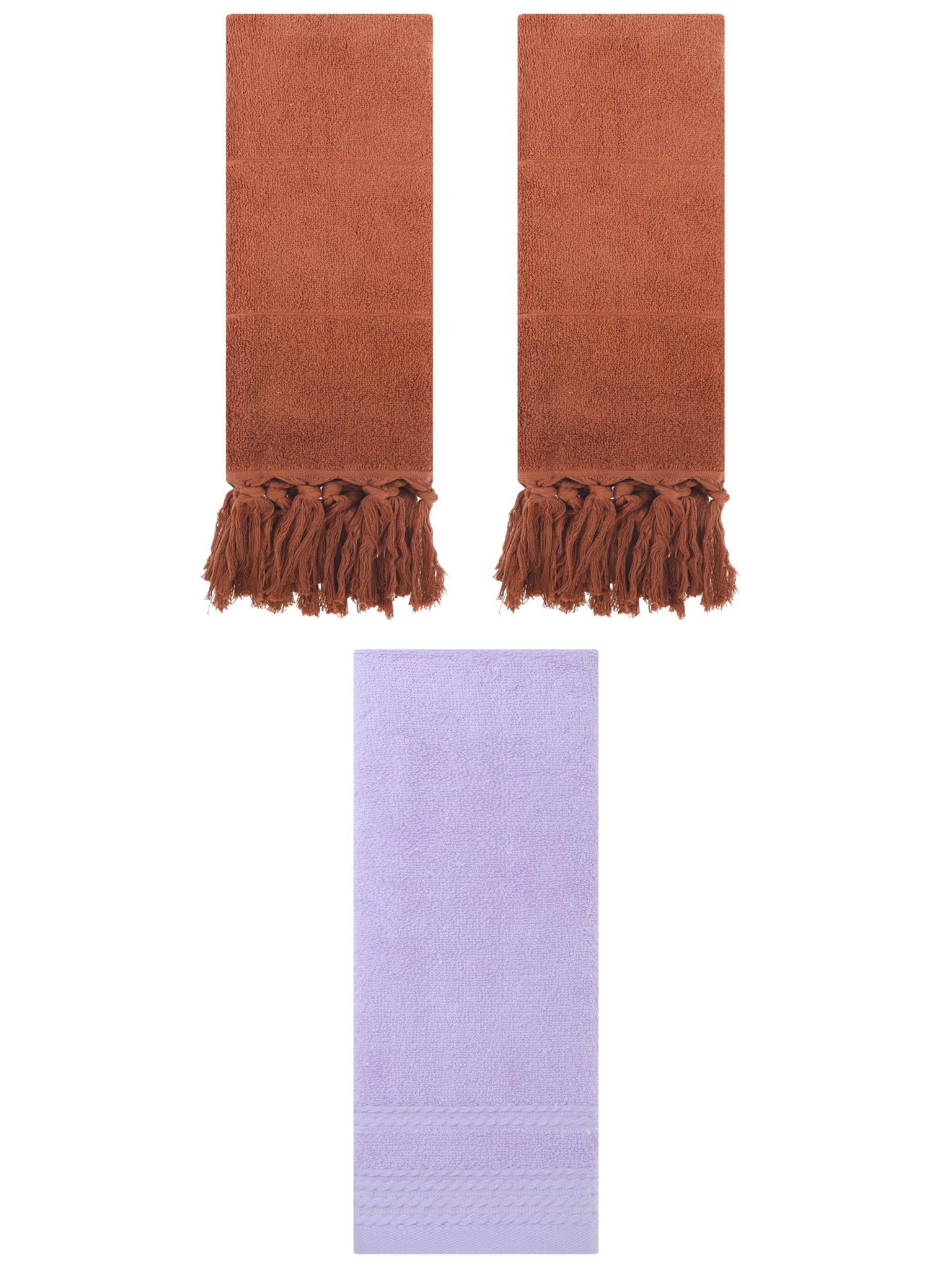 Unique Bargains 3 Pack Striped Tassels Hand Towels for Bathroom 14" x 30" Brown/Purple