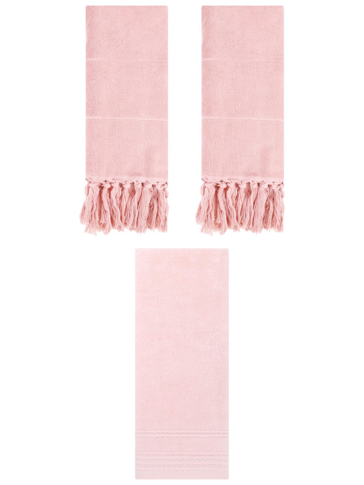 Unique Bargains 3 Pack Striped Tassels Hand Towels for Bathroom 14" x 30" Pink