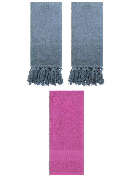 Unique Bargains 3 Packs Textured Tassels Hand Towels Blue/Dark Pink 14" x 30"/13" x 30"