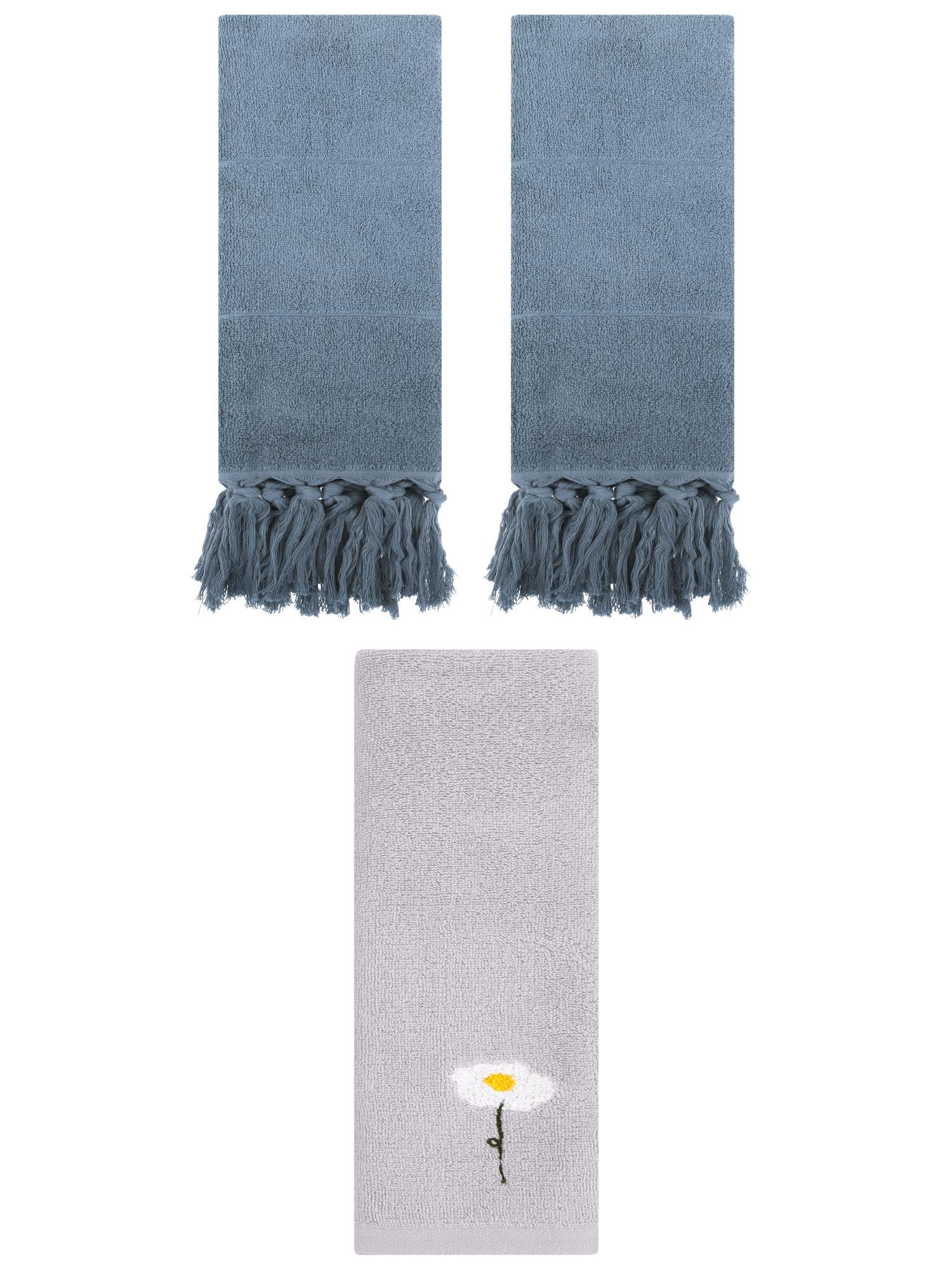 Unique Bargains 3 Pack Cotton Soft Absorbent Floral Pattern and Solid Hand Towel Set Blue/Grey 14" x 30"/13" x 30"