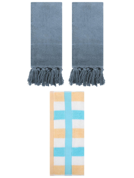 Unique Bargains 3 Pack Cotton Absorbent Soft Decorative Bathroom Hand Towel Set Blue/Blue Yellow 14" x 30"/13" x 29"