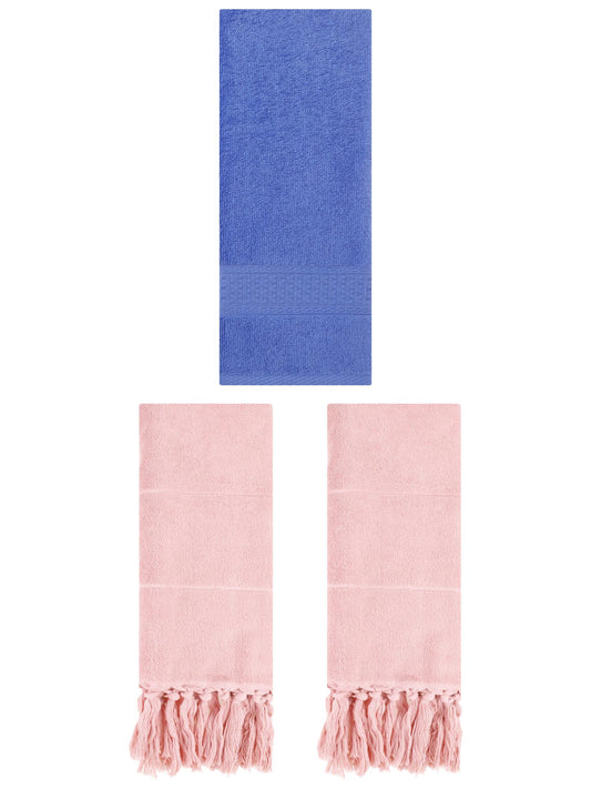Unique Bargains 3 Packs Textured Tassels Hand Towels Pink/Blue 14" x 30"/13" x 30"
