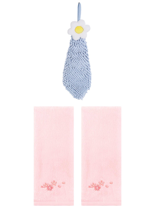 Unique Bargains 3 Pcs Cotton Soft Floral Hand Towels Pink/Blue-1 13" x 29"/6" x 15"