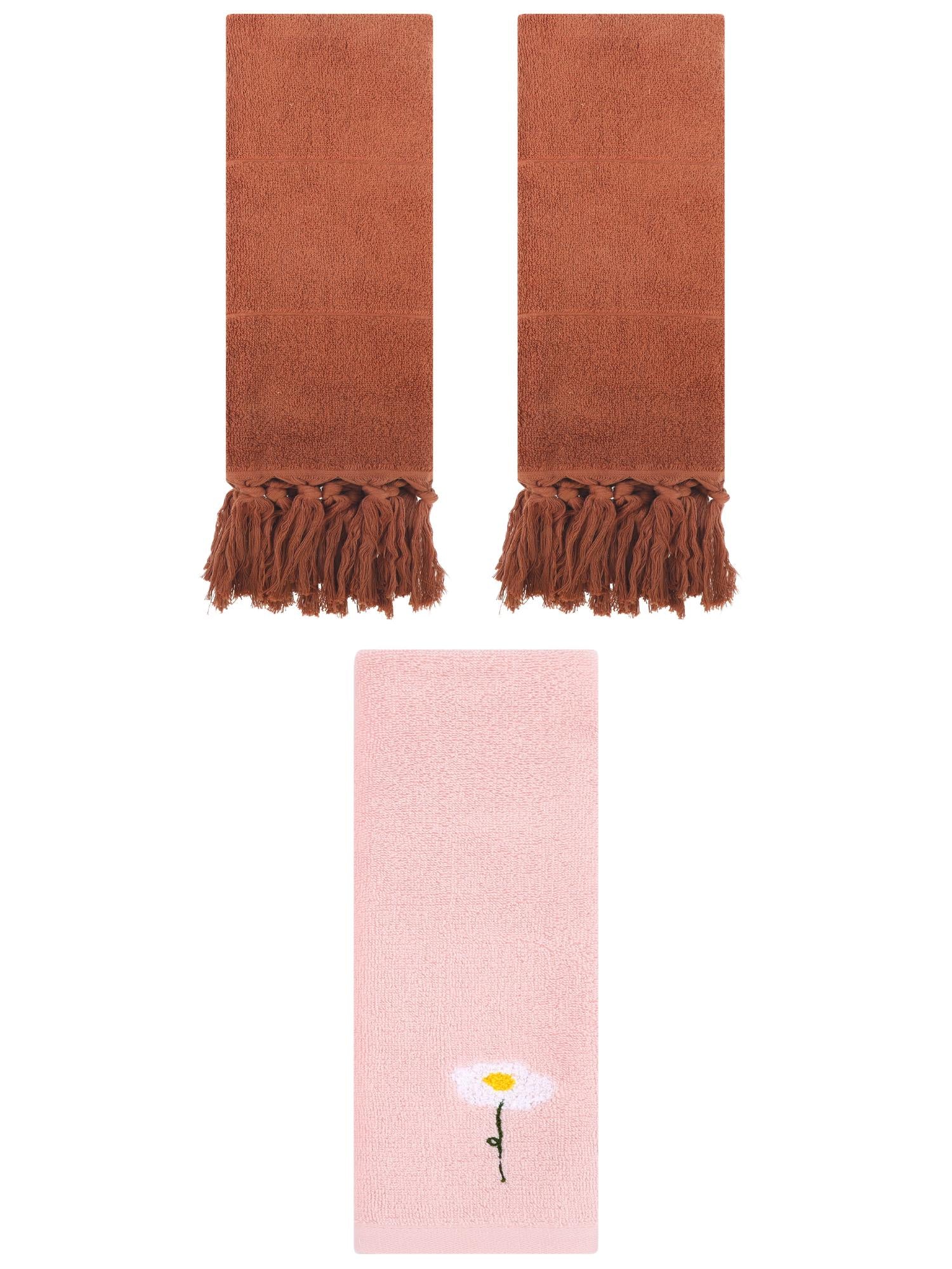 Unique Bargains 3 Pcs Floral Solid Hand Towel Set Brown/Pink 14"x30"/13"x30"