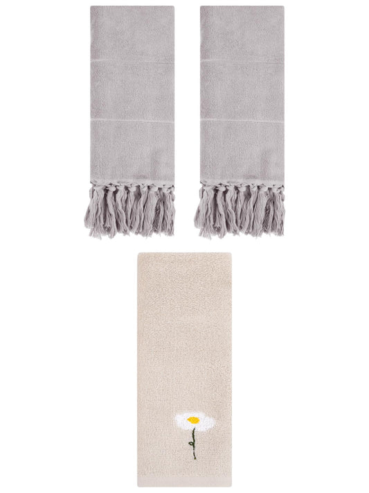 Unique Bargains 3 Pcs Floral Solid Hand Towel Set Grey/Light Brown 14"x30"/13"x30"