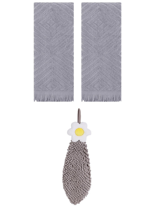 Unique Bargains 3 Pcs Geometric Soft Hand Towels Grey 13" x 29"/6" x 15"