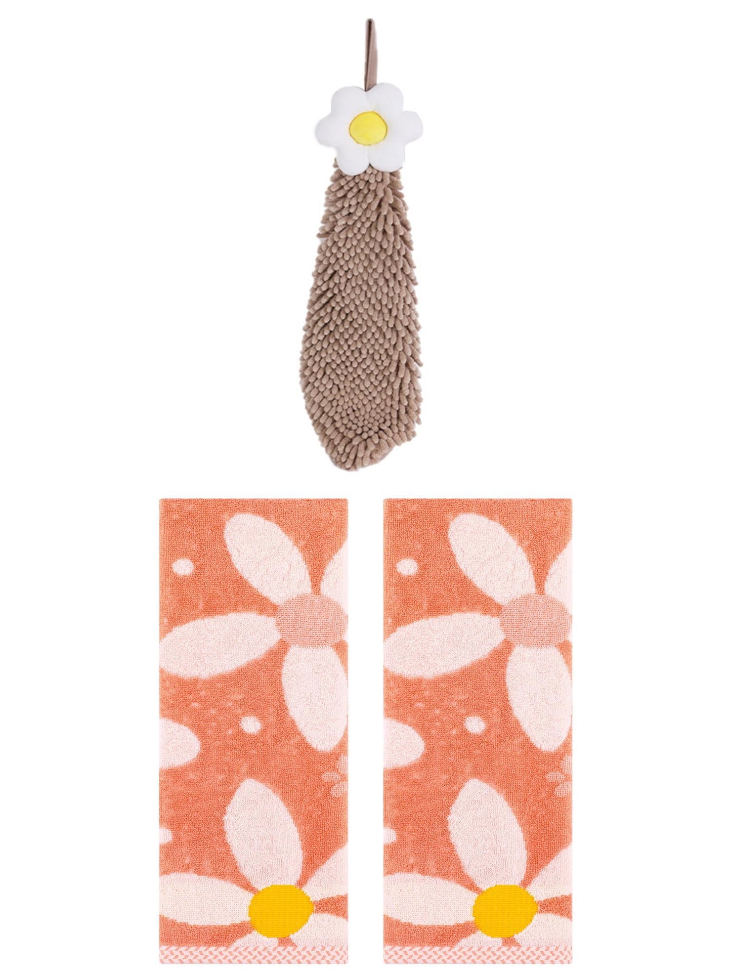 Unique Bargains 3 Pcs Soft Floral Hand Towels Orange/Brown 13" x 29"/6" x 15"