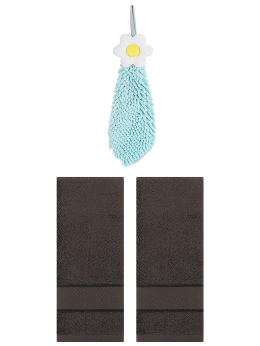 Unique Bargains 3 Pcs Soft Hand Towel Set Dark Brown/Green 14" x 30"/6" x 15"