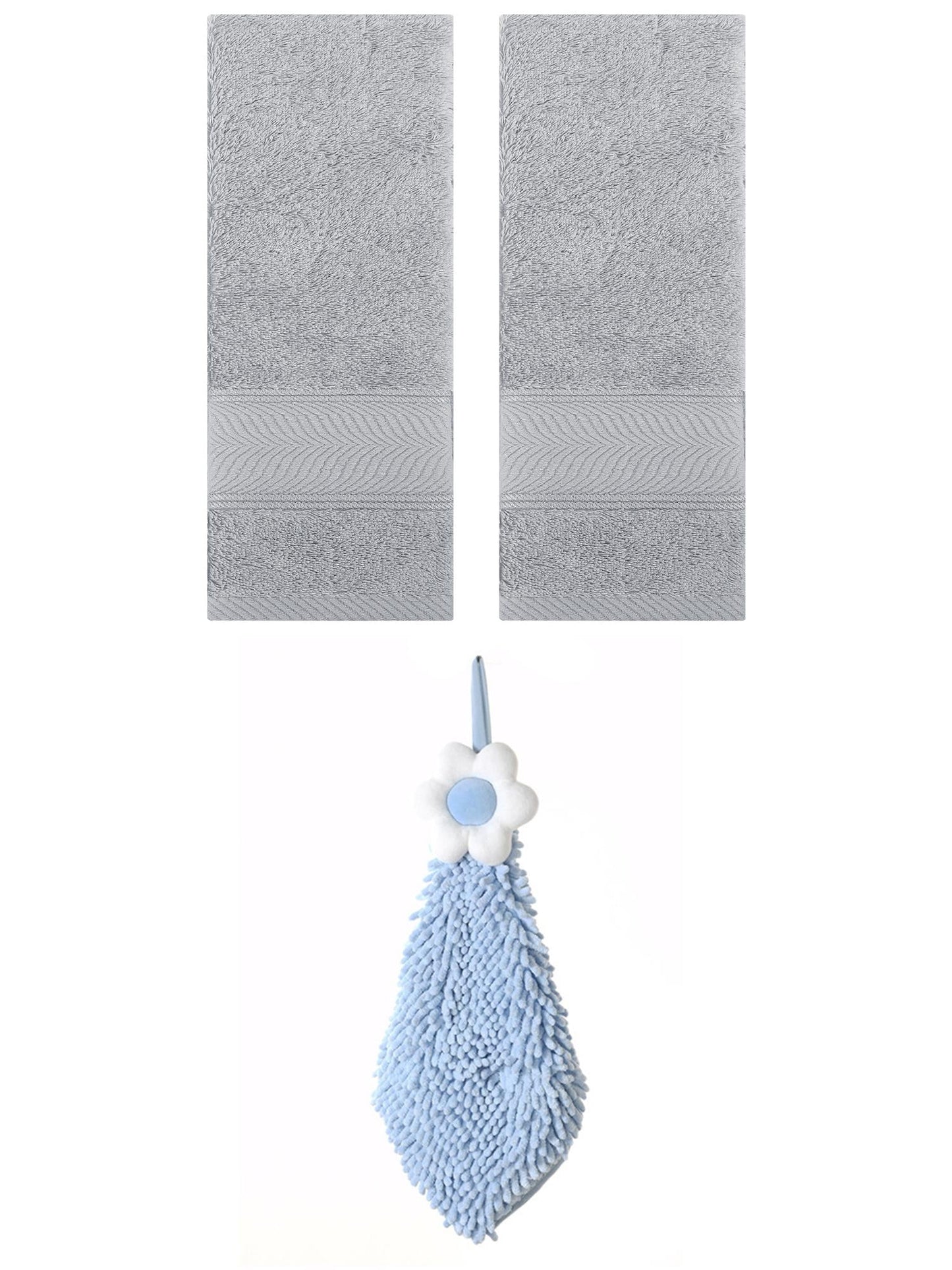 Unique Bargains 3 Pcs Soft Hand Towel Set Light Grey/Blue-2 14" x 30"/6" x 15"