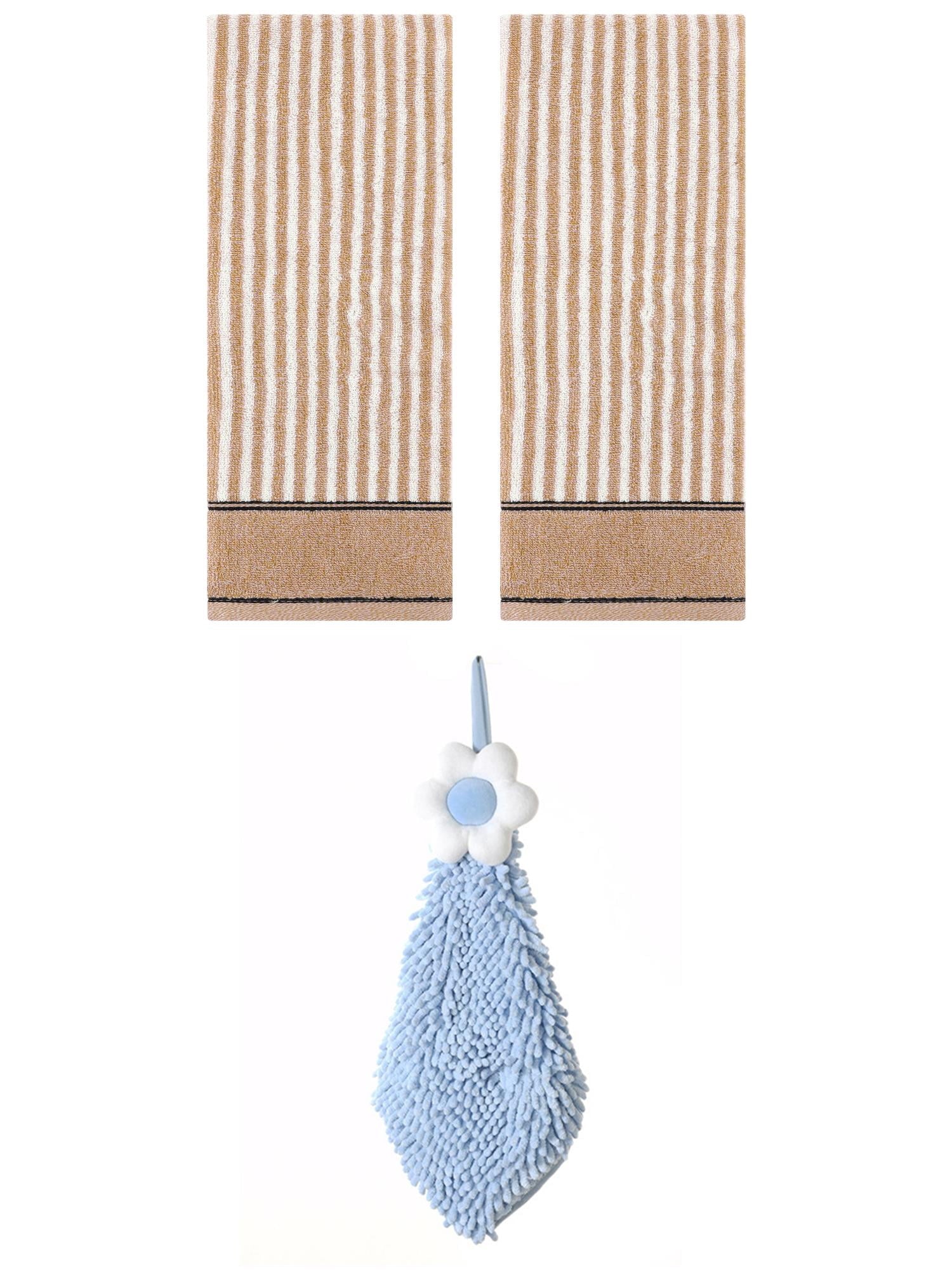 Unique Bargains 3 Pcs Soft Striped Hand Towels Brown/Blue-2 13" x 29"/6" x 15"