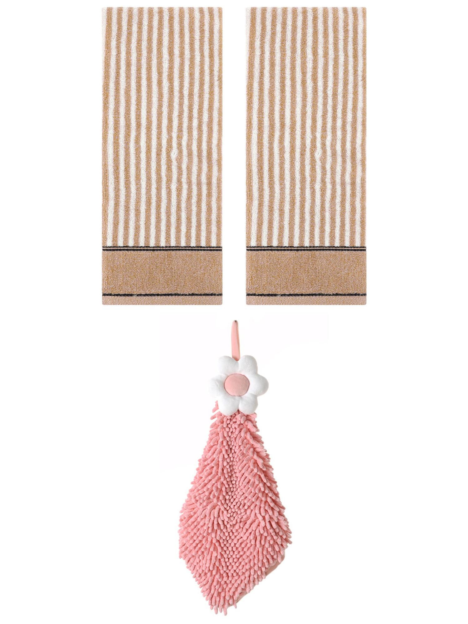 Unique Bargains 3 Pcs Soft Striped Hand Towels Brown/Pink-2 13" x 29"/6" x 15"