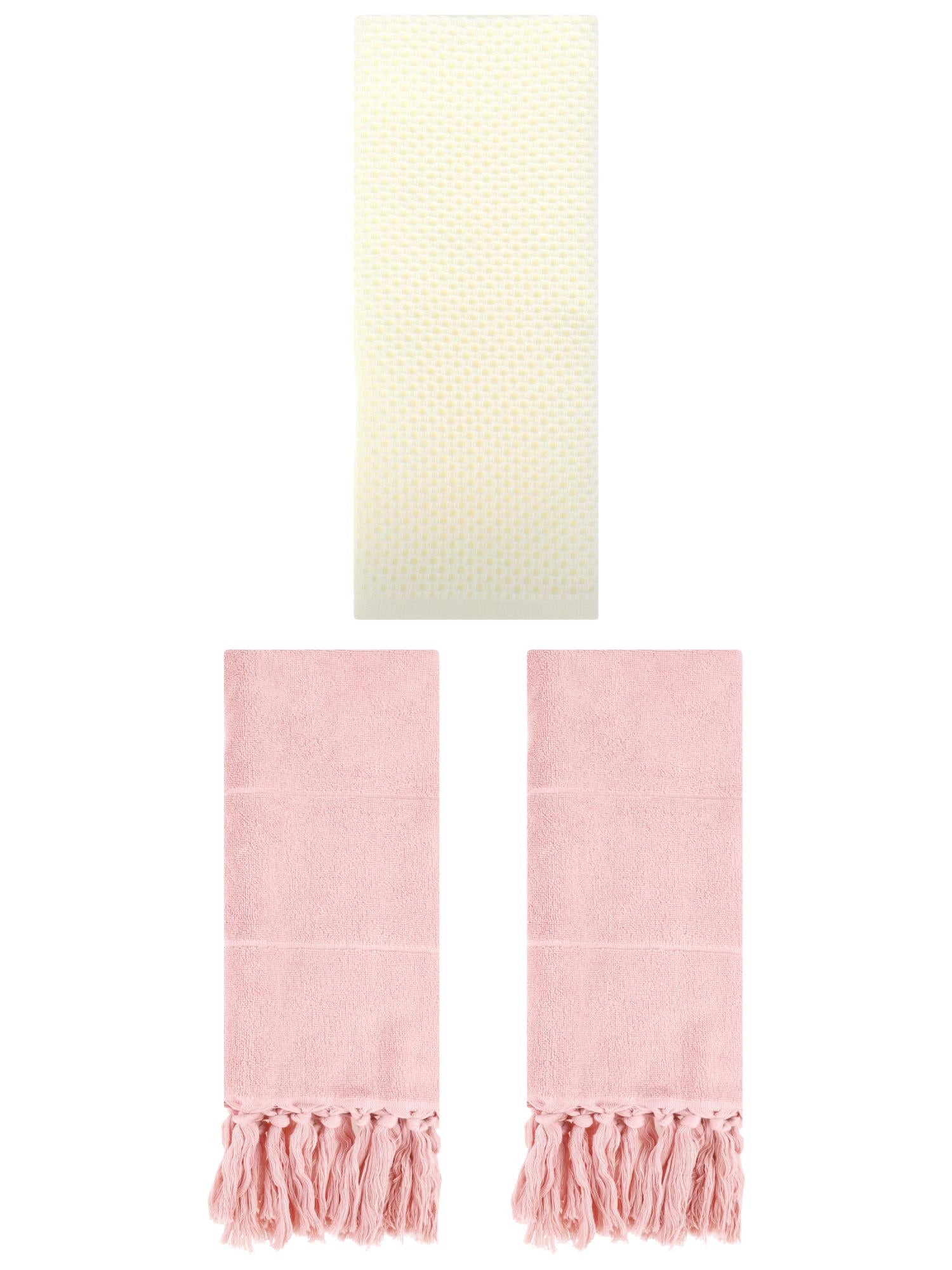 Unique Bargains 3 Pcs Soft Tassels Waffle Hand Towel Pink/Beige 14"x30"/13"x30"