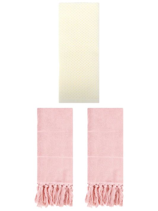 Unique Bargains 3 Pcs Soft Tassels Waffle Hand Towel Pink/Beige 14"x30"/13"x30"