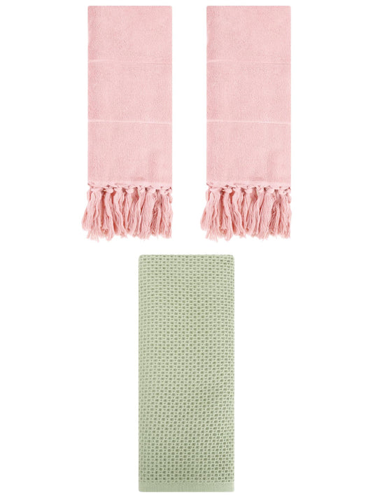 Unique Bargains 3 Pcs Soft Tassels Waffle Hand Towel Pink/Light Green 14"x30"/13"x30"