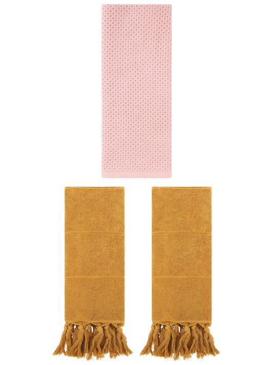 Unique Bargains 3 Pcs Soft Tassels Waffle Hand Towel Yellow/Pink 14"x30"/13"x30"