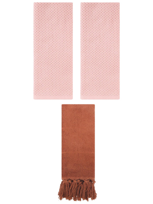Unique Bargains 3 Pcs Tassels Waffle Hand Towel Brown/Pink 14"x30"/13"x30"