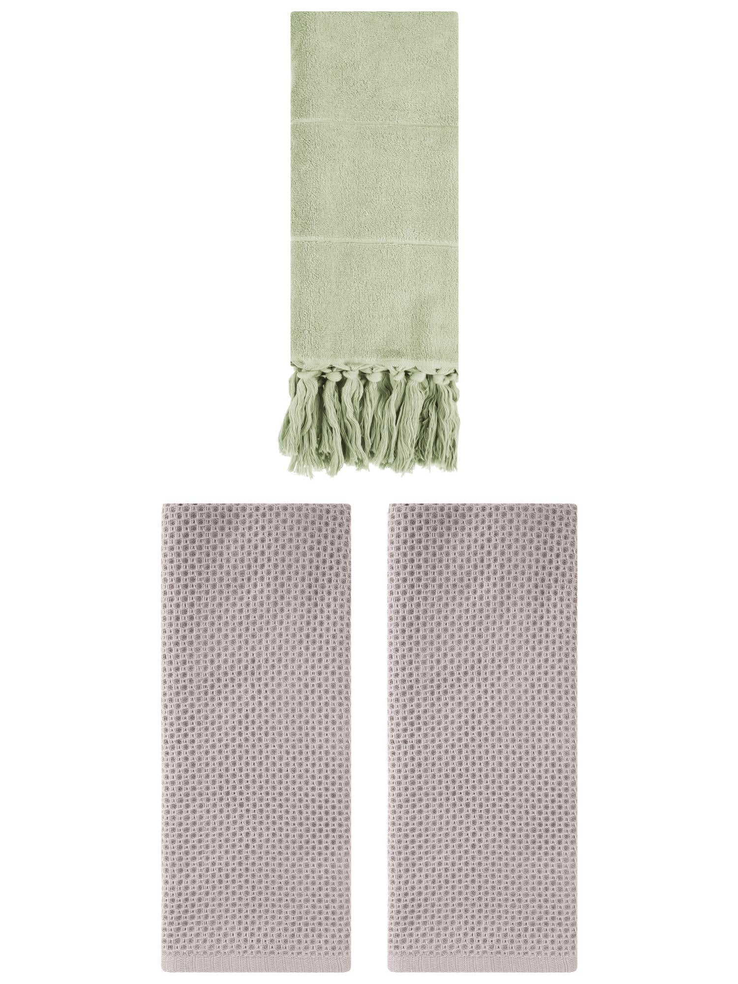 Unique Bargains 3 Pcs Tassels Waffle Hand Towel Green/Camel 14"x30"/13"x30"