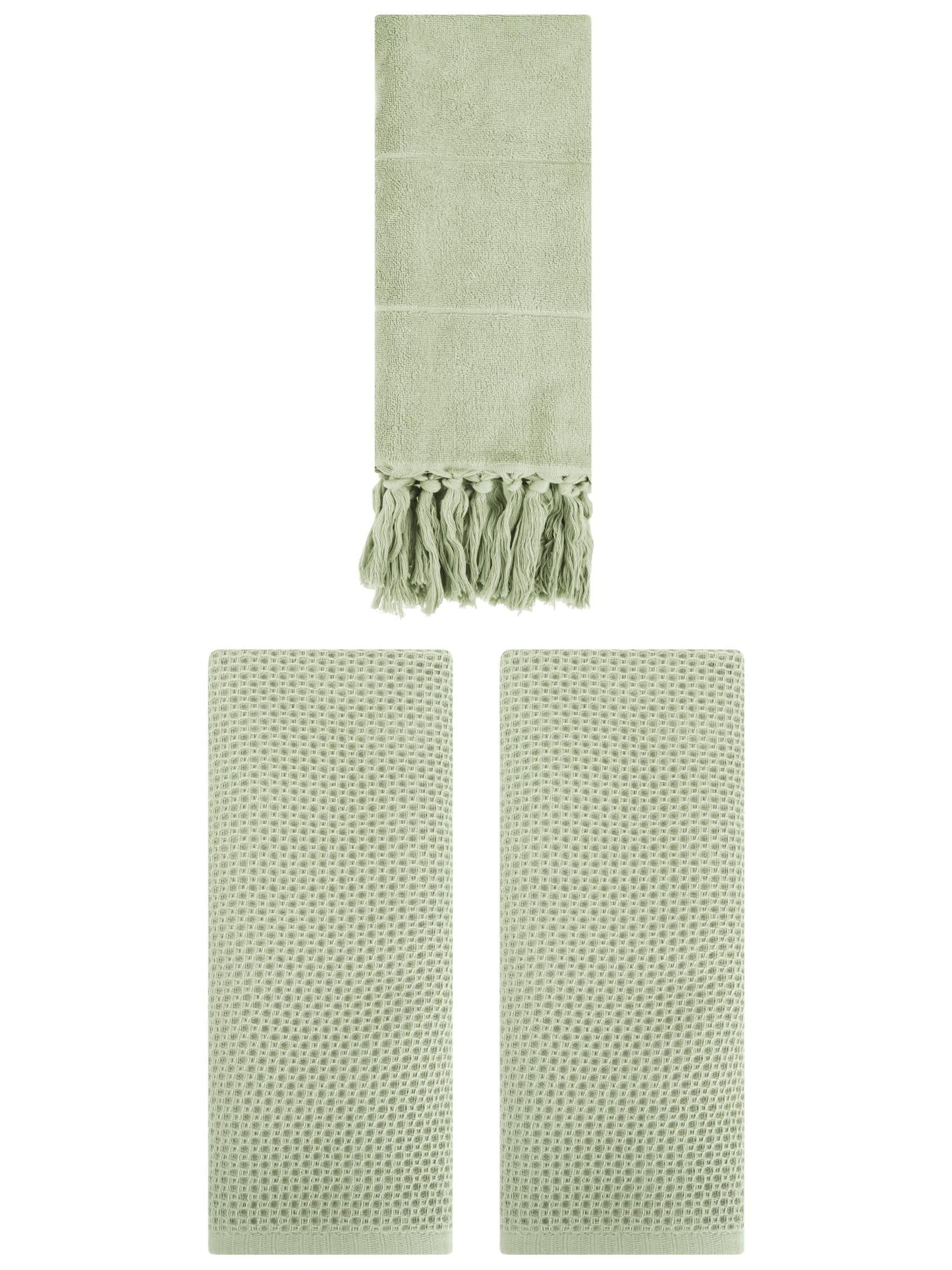 Unique Bargains 3 Pcs Tassels Waffle Hand Towel Green/Light Green 14"x30"/13"x30"