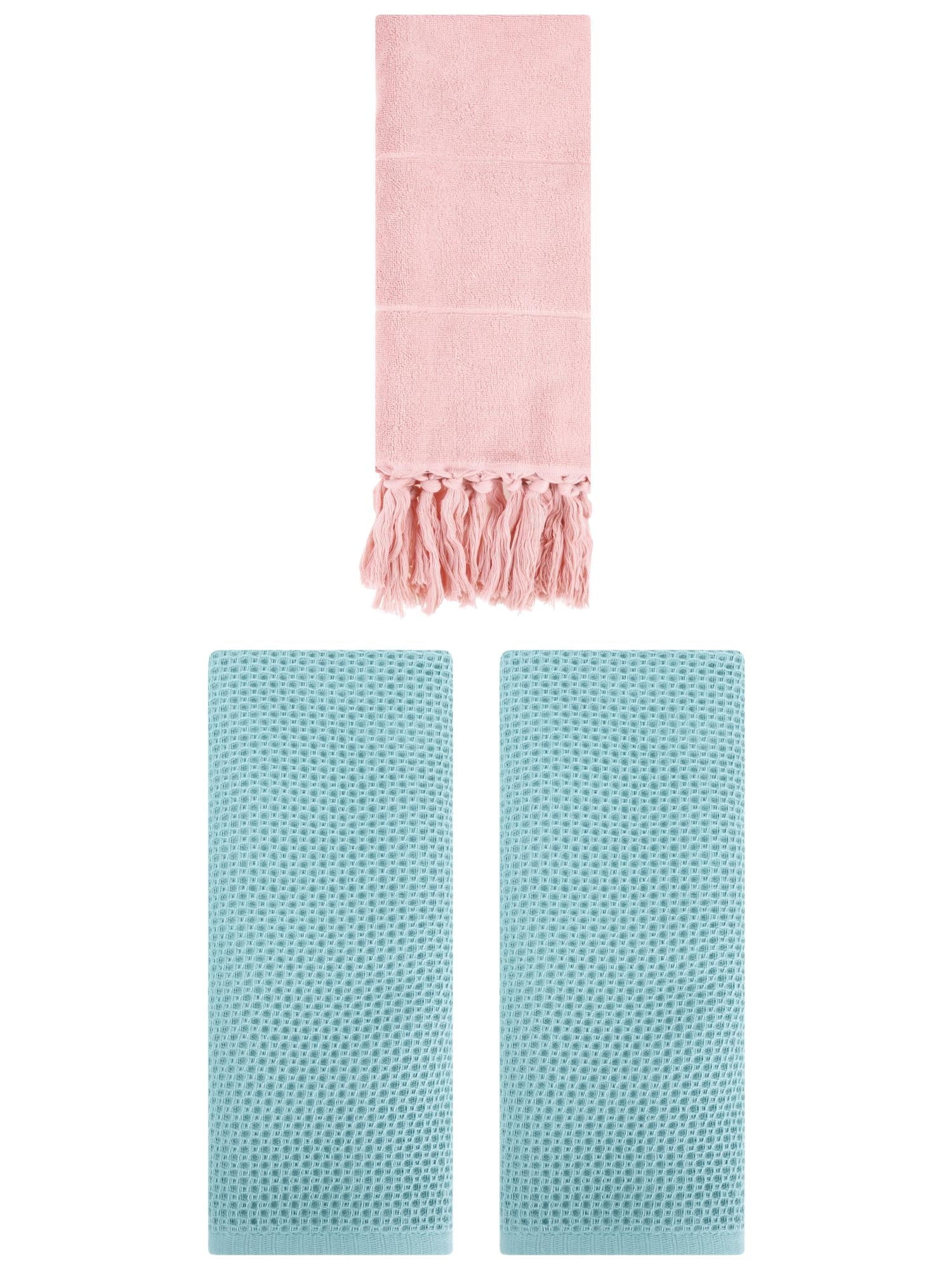 Unique Bargains 3 Pcs Tassels Waffle Hand Towel Pink/Light Blue 14"x30"/13"x30"