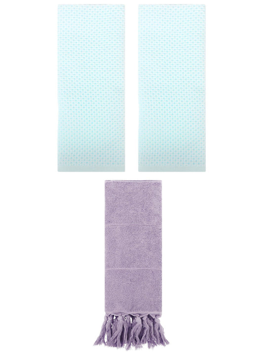 Unique Bargains 3 Pcs Tassels Waffle Hand Towel Purple/Light Cyan 14"x30"/13"x30"