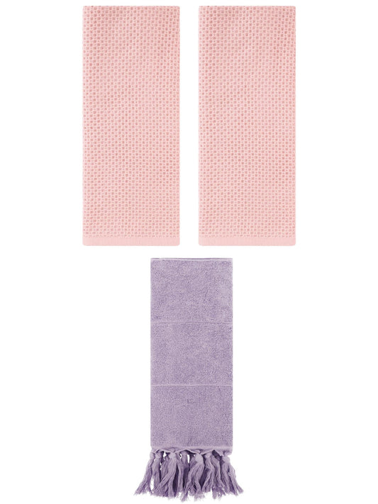 Unique Bargains 3 Pcs Tassels Waffle Hand Towel Purple/Pink 14"x30"/13"x30"