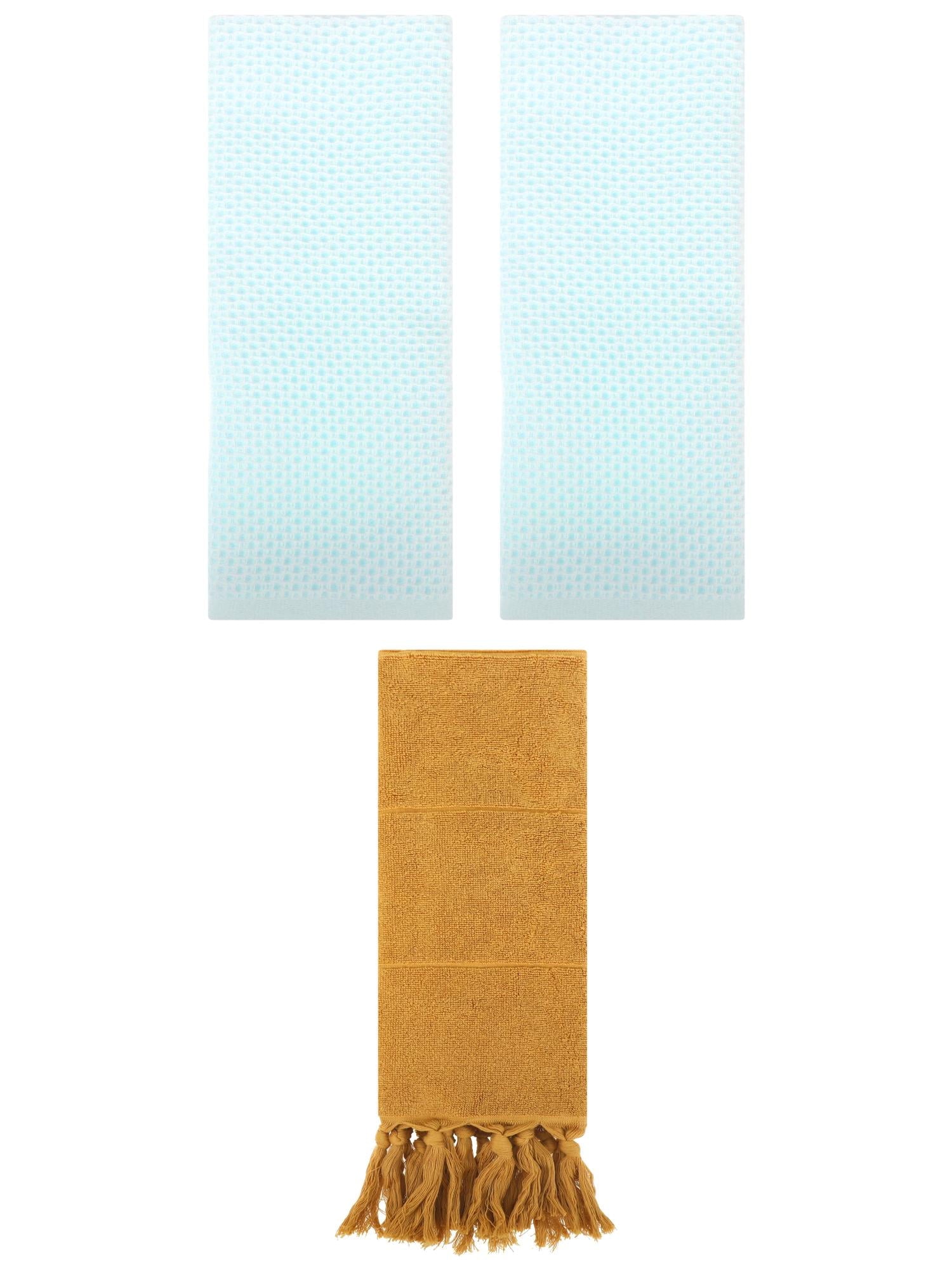 Unique Bargains 3 Pcs Tassels Waffle Hand Towel Yellow/Light Cyan 14"x30"/13"x30"