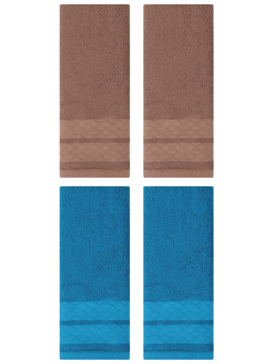 Unique Bargains 4 Pack Geometry Pattern Cotton Soft Hand Towels Brown/Blue 14" x 30"