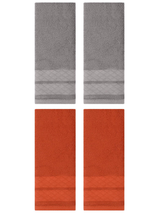 Unique Bargains 4 Pack Geometry Pattern Cotton Soft Hand Towels Grey/Coral 14" x 30"