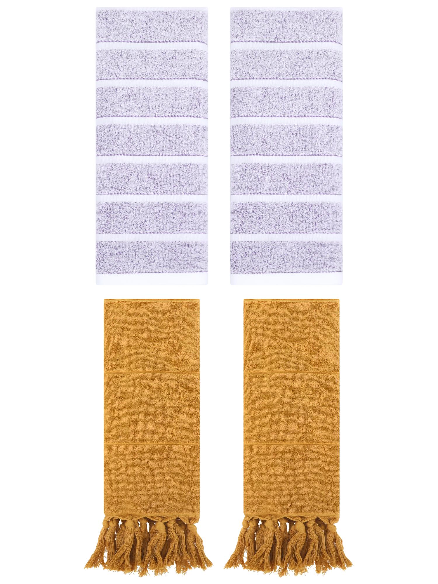 Unique Bargains 4 Pack Striped Solid Hand Towel Yellow/Light Purple 14"x30"/13"x29"