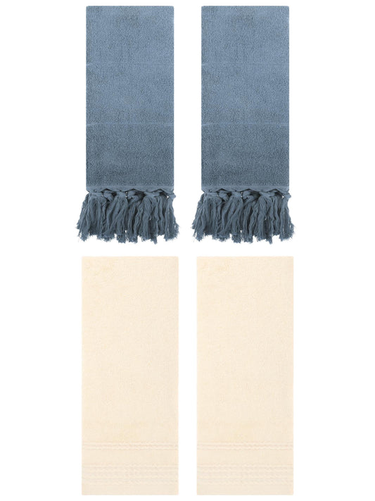 Unique Bargains 4 Packs Striped Tassels Hand Towels 14" x 30" Blue/Beige