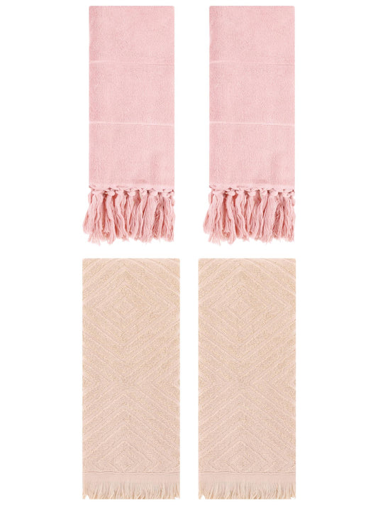 Unique Bargains 4 Pack Turkish Hand Towels with Tassel Pink/Brown 14"x30"/13"x29"
