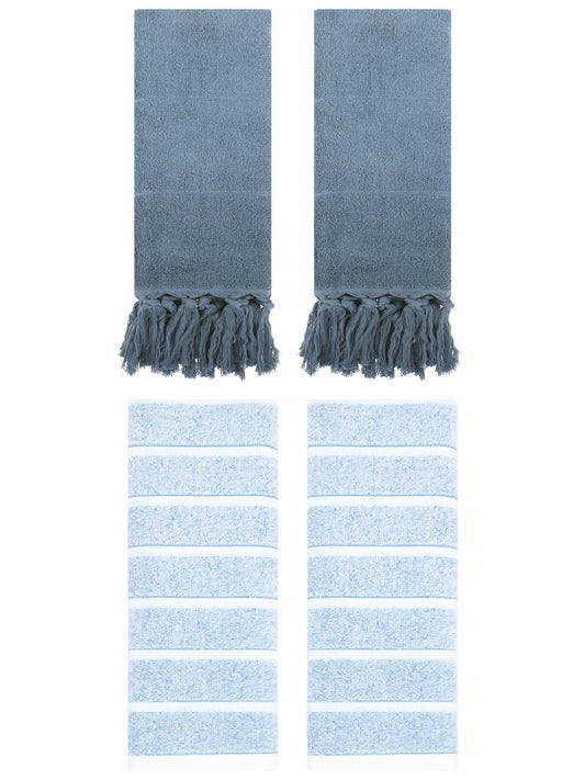 Unique Bargains 4 Pack Striped and Solid Absorbent Soft Cotton Hand Towel for Bathroom Blue 14" x 30"/13" x 29"