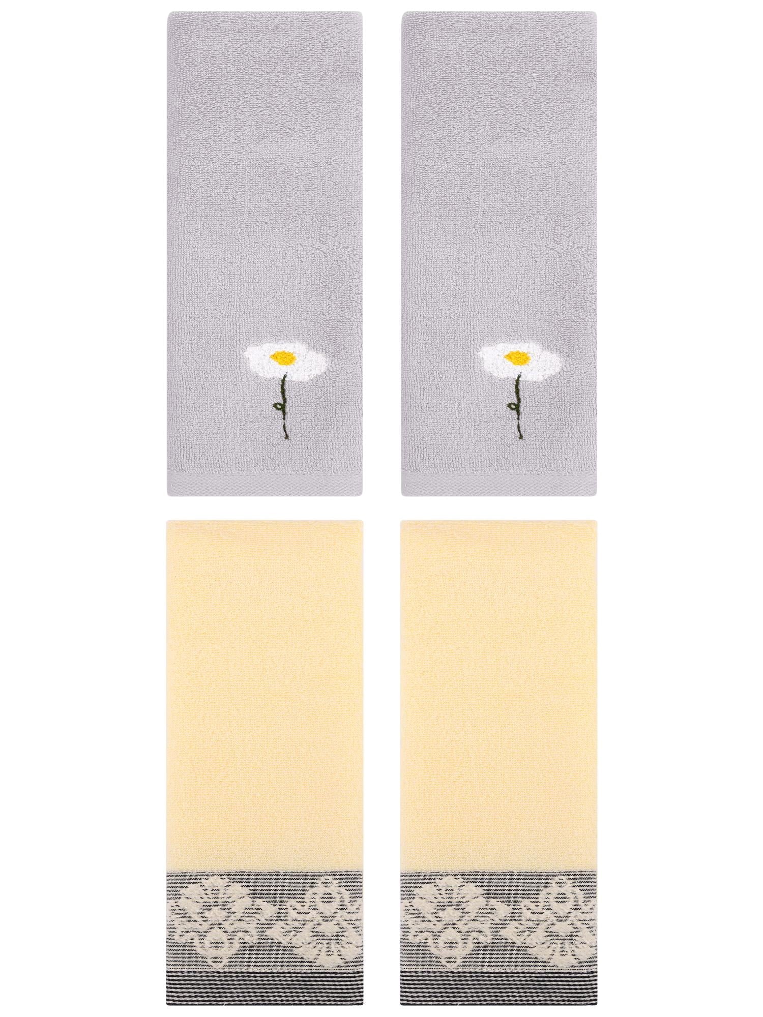 Unique Bargains 4 Pcs Absorbent Floral Hand Towels Grey/Yellow 13" x 30"/13" x 29"