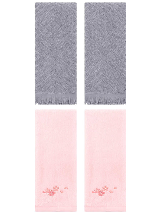 Unique Bargains 4 Pcs Bathroom Cotton Soft Hand Towels 13" x 29" Pink/Grey