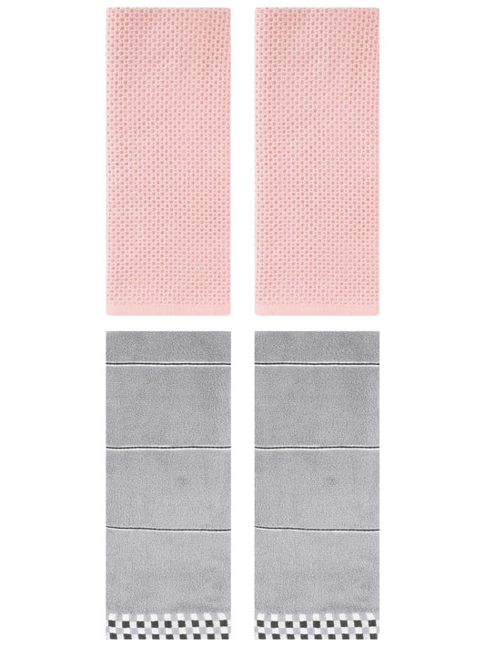 Unique Bargains 4 Pcs Bathroom Hand Towels Pink/Grey 13" x 30"/14" x 30"