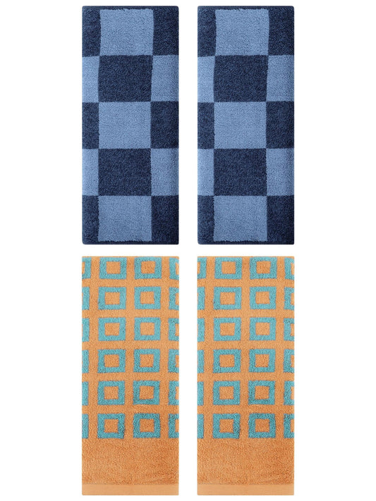 Unique Bargains 4 Pcs Checkered Decorative Hand Towels Dark Blue/Brown 14" x 28"/13" x 28"
