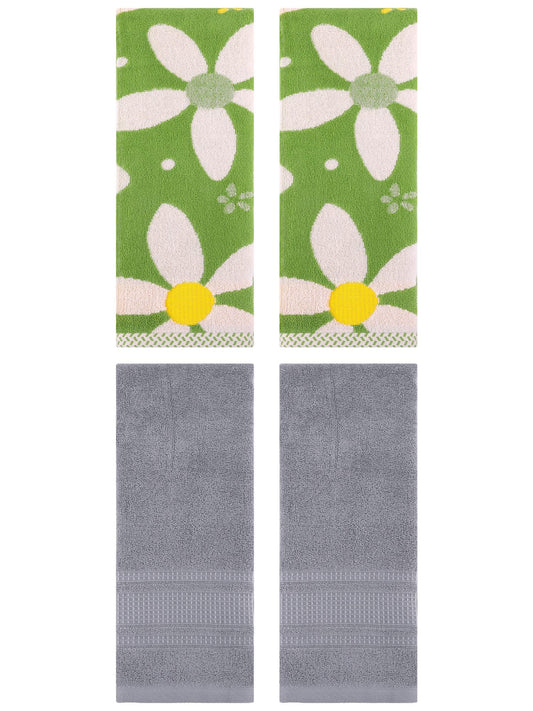 Unique Bargains 4 Pcs Cotton Absorbent Hand Towel Set 13 x 29 Inch Green/Grey