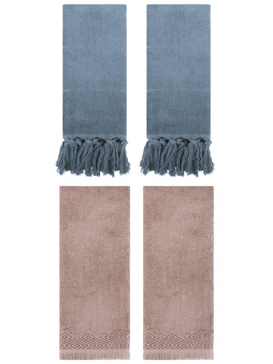 Unique Bargains 4 Pack Cotton Absorbent Soft Turkish Hand Towels with tassel for Bathroom Blue/Brown 14" x 30"/13" x 29"
