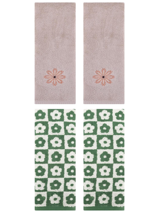 Unique Bargains 4 Pcs Cotton Decorative Hand Towel Green/Camel 14" x 30"/13" x 30"