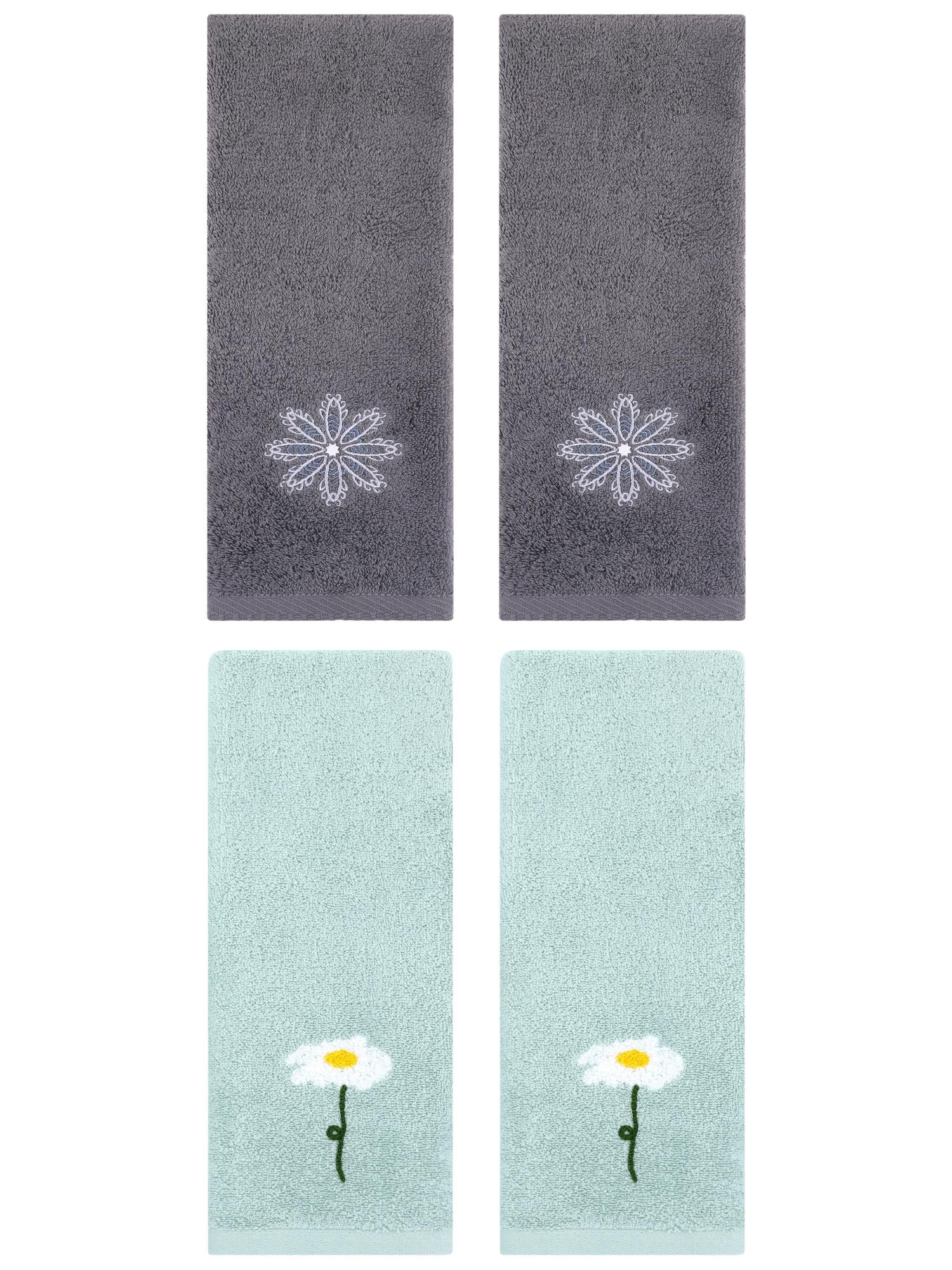Unique Bargains 4 Pcs Cotton Floral Hand Towel 13" x 30" Blue/Dark Grey