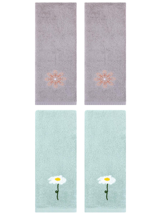 Unique Bargains 4 Pcs Cotton Floral Hand Towel 13" x 30" Blue/Light Grey