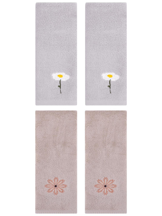 Unique Bargains 4 Pcs Cotton Floral Hand Towel 13" x 30" Grey/Camel