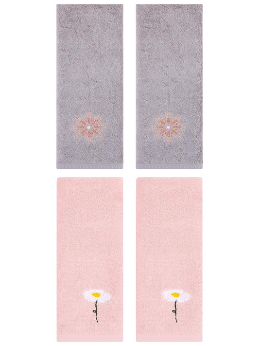 Unique Bargains 4 Pcs Cotton Floral Hand Towel 13" x 30" Pink/Light Grey