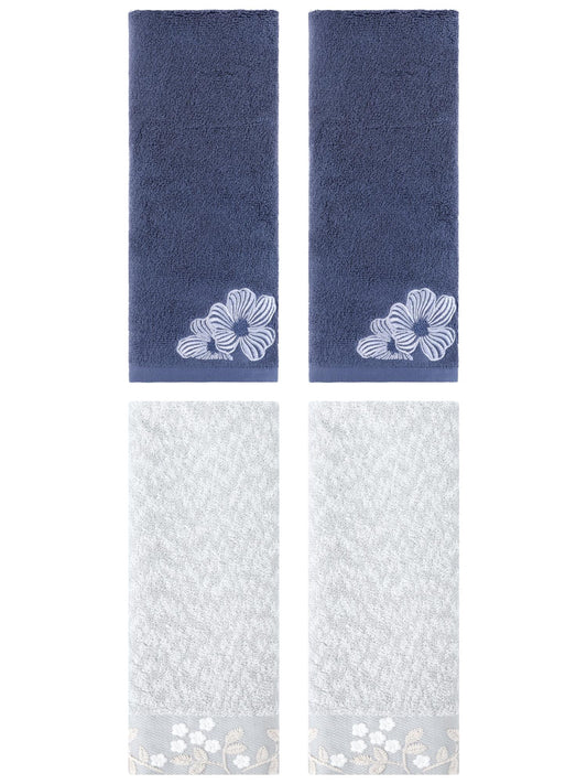 Unique Bargains 4 Pcs Cotton Floral Soft Hand Towel Set Grey/Navy Blue 14" x 28"/14" x 31"