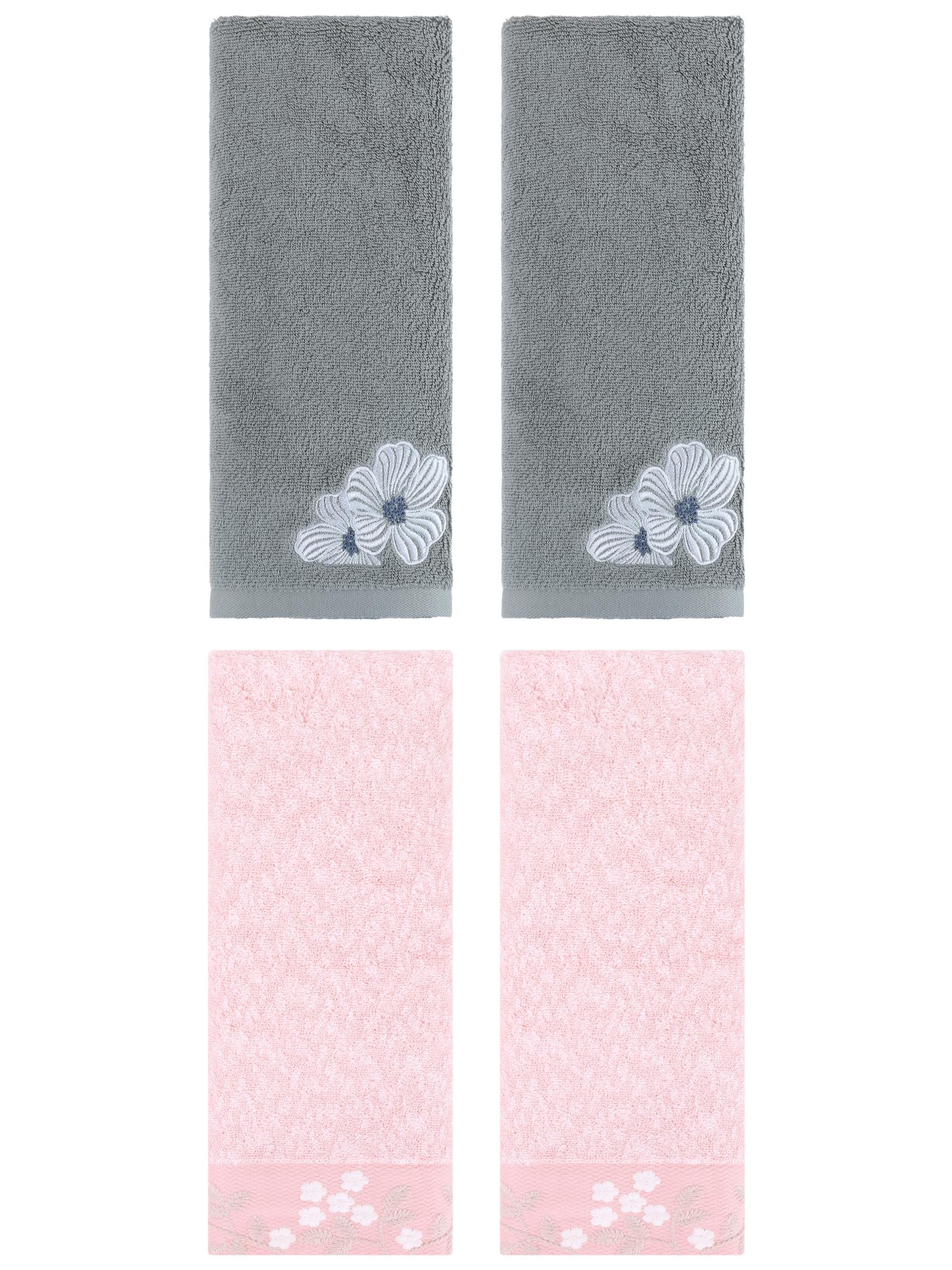 Unique Bargains 4 Pcs Cotton Floral Soft Hand Towel Set Pink/Khaki 14" x 28"/14" x 31"