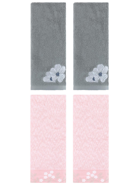 Unique Bargains 4 Pcs Cotton Floral Soft Hand Towel Set Pink/Khaki 14" x 28"/14" x 31"