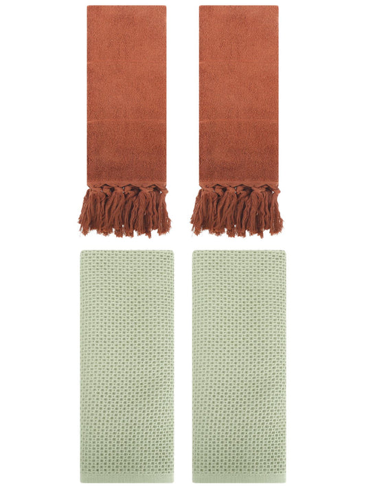 Unique Bargains 4 Pcs Cotton Hand Towels Brown/Light Green 14" x 30"/13" x 30"
